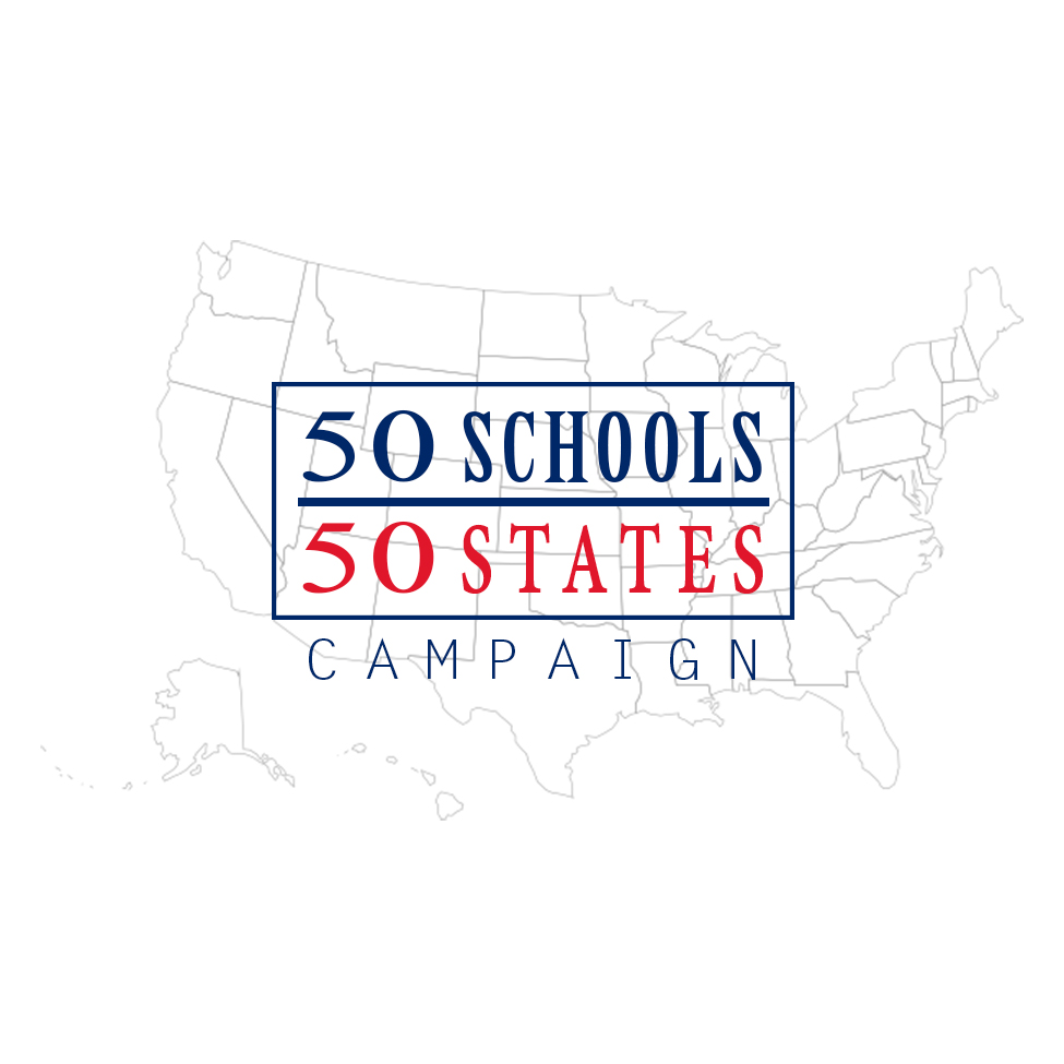 The 50 United States are faded in the background with 50 Schools in blue text over 50 States in red text.